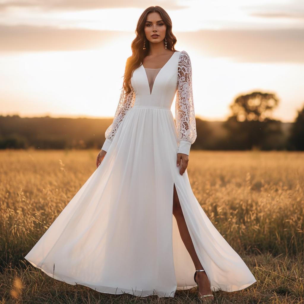 Boho Lace Chiffon Wedding Dress Long Sleeve Elopement A-Line Slit
