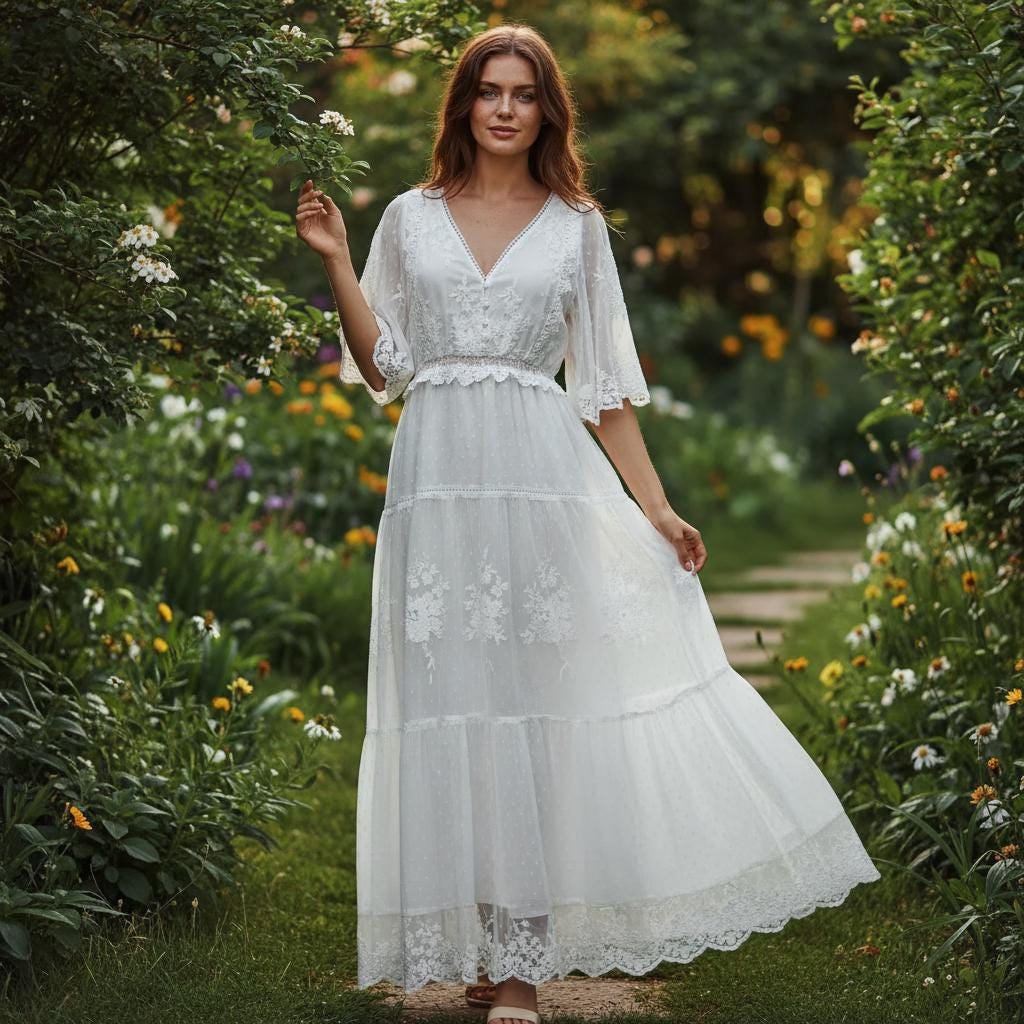 Simple Boho Lace Wedding Dress White V Neck Elopement Maxi Dress