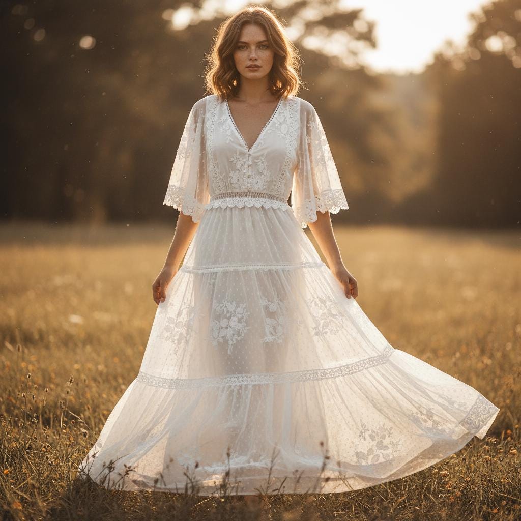 Simple Boho Lace Wedding Dress White V Neck Elopement Maxi Dress