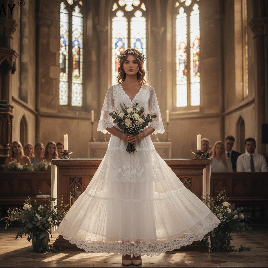 Simple Boho Lace Wedding Dress White V Neck Elopement Maxi Dress