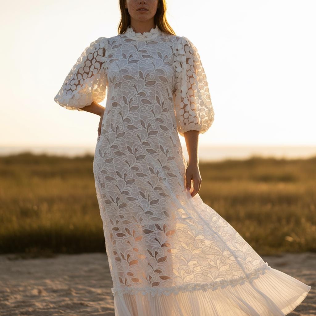 White Lace Midi Dress Puff Sleeve Elegant Wedding Guest Boho Dress