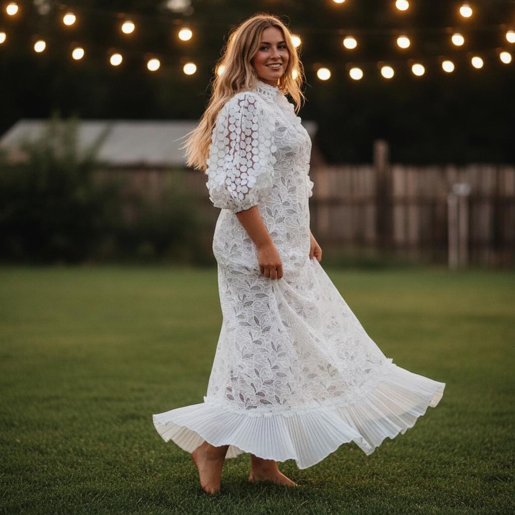 White Lace Midi Dress Puff Sleeve Elegant Wedding Guest Boho Dress