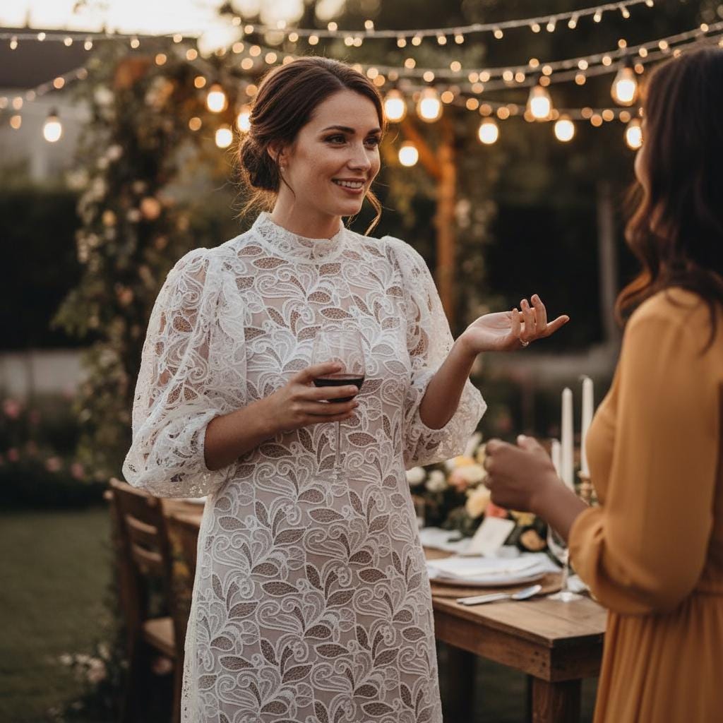 White Lace Midi Dress Puff Sleeve Elegant Wedding Guest Boho Dress
