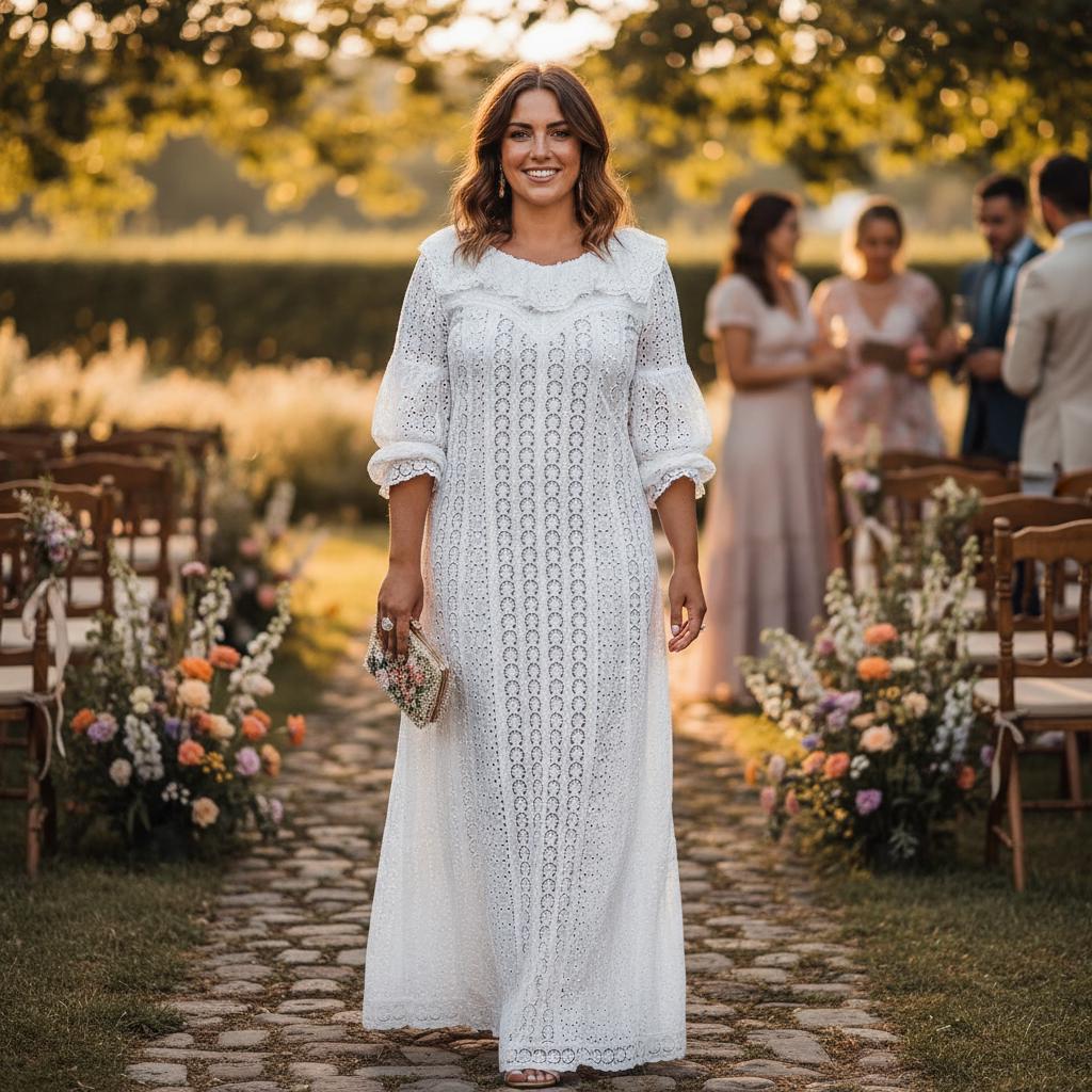 Elegant White Lace Midi Dress Puff Sleeve Wedding Guest Party Dress