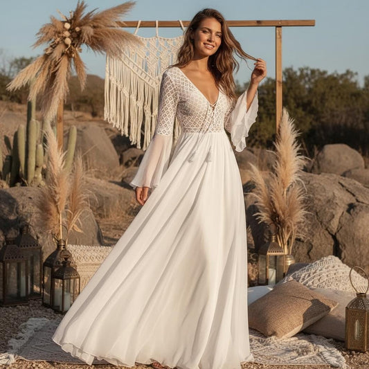 Simple Boho Lace Wedding Maxi Dress Flare Sleeve Elopement Bridal Gown