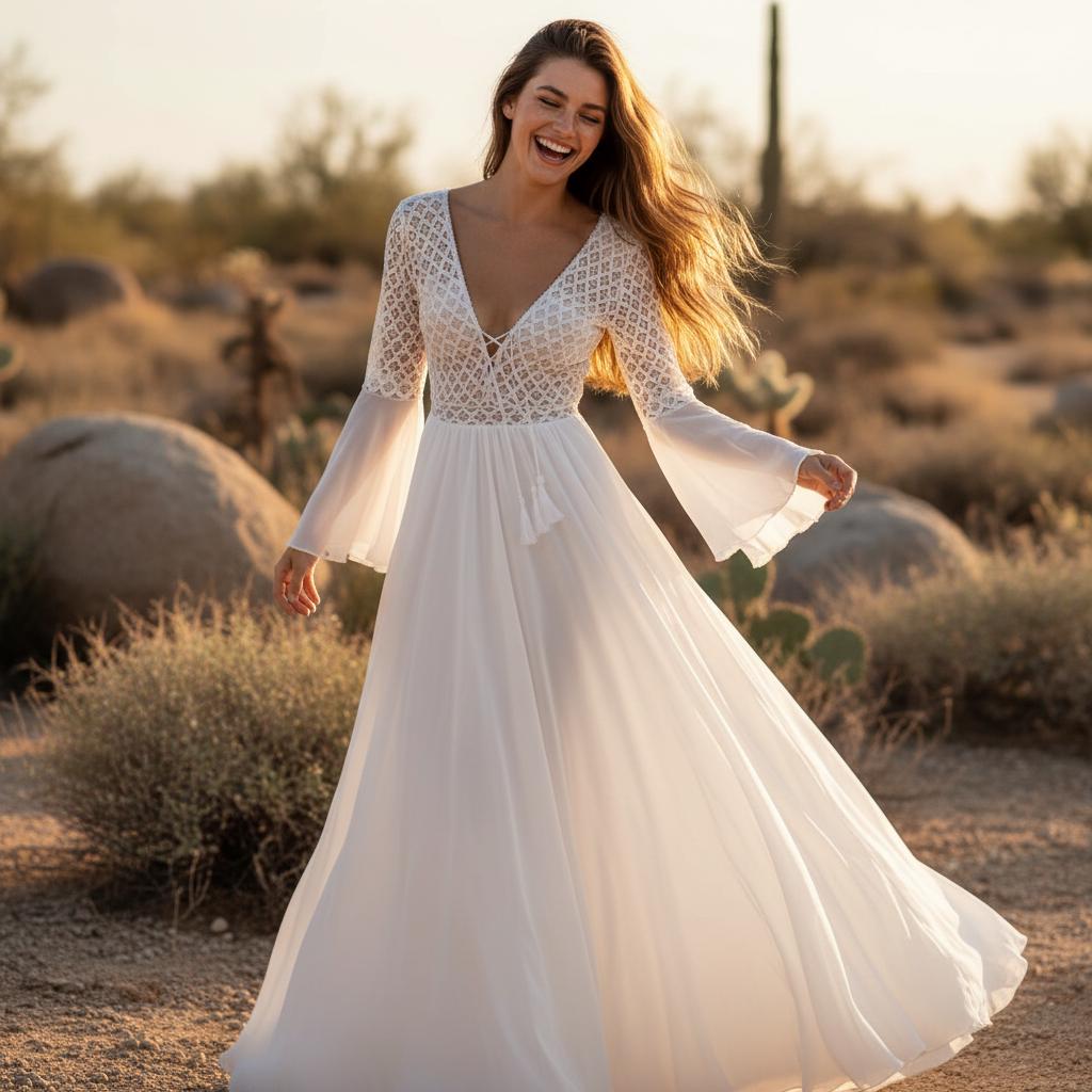 Simple Boho Lace Wedding Maxi Dress Flare Sleeve Elopement Bridal Gown