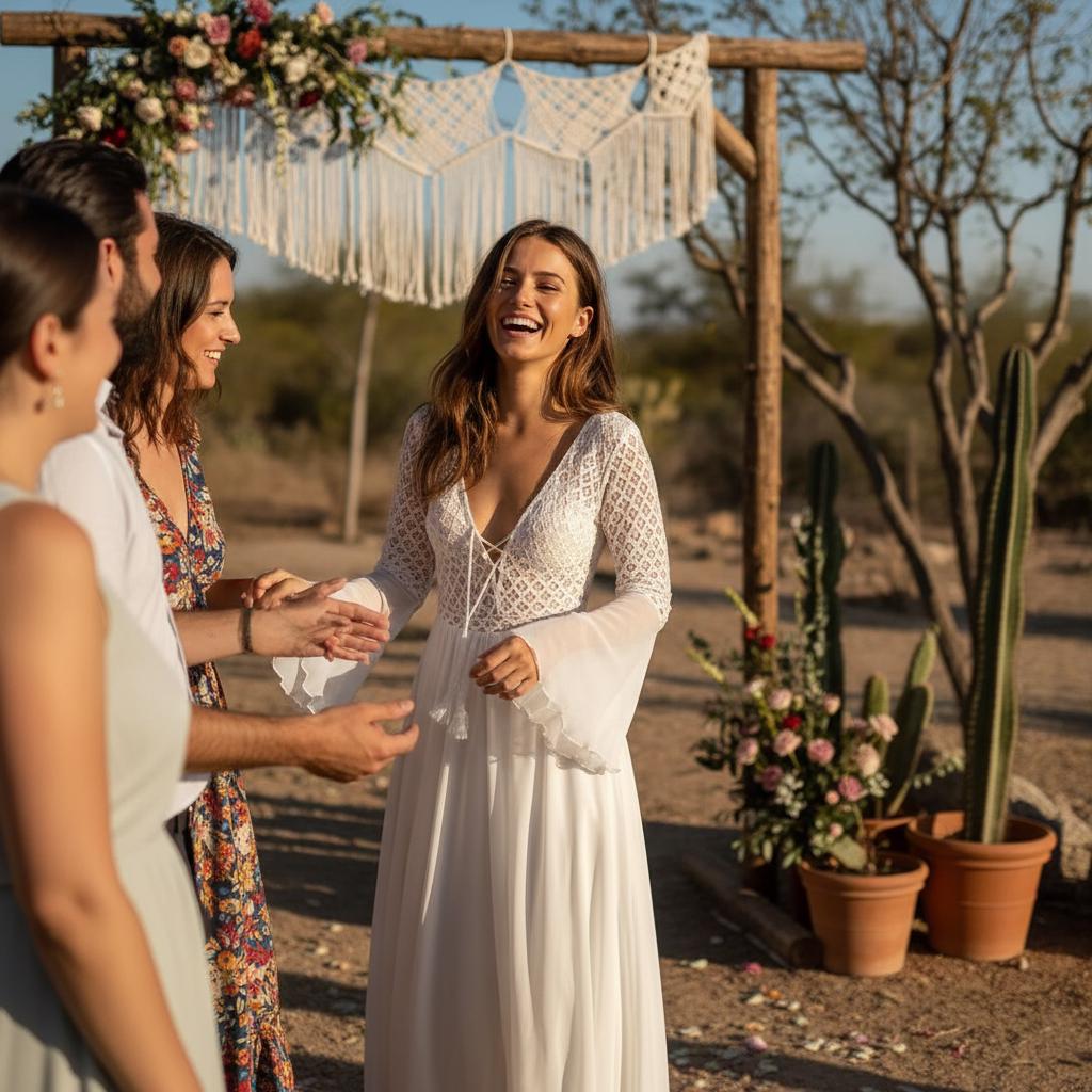 Simple Boho Lace Wedding Maxi Dress Flare Sleeve Elopement Bridal Gown