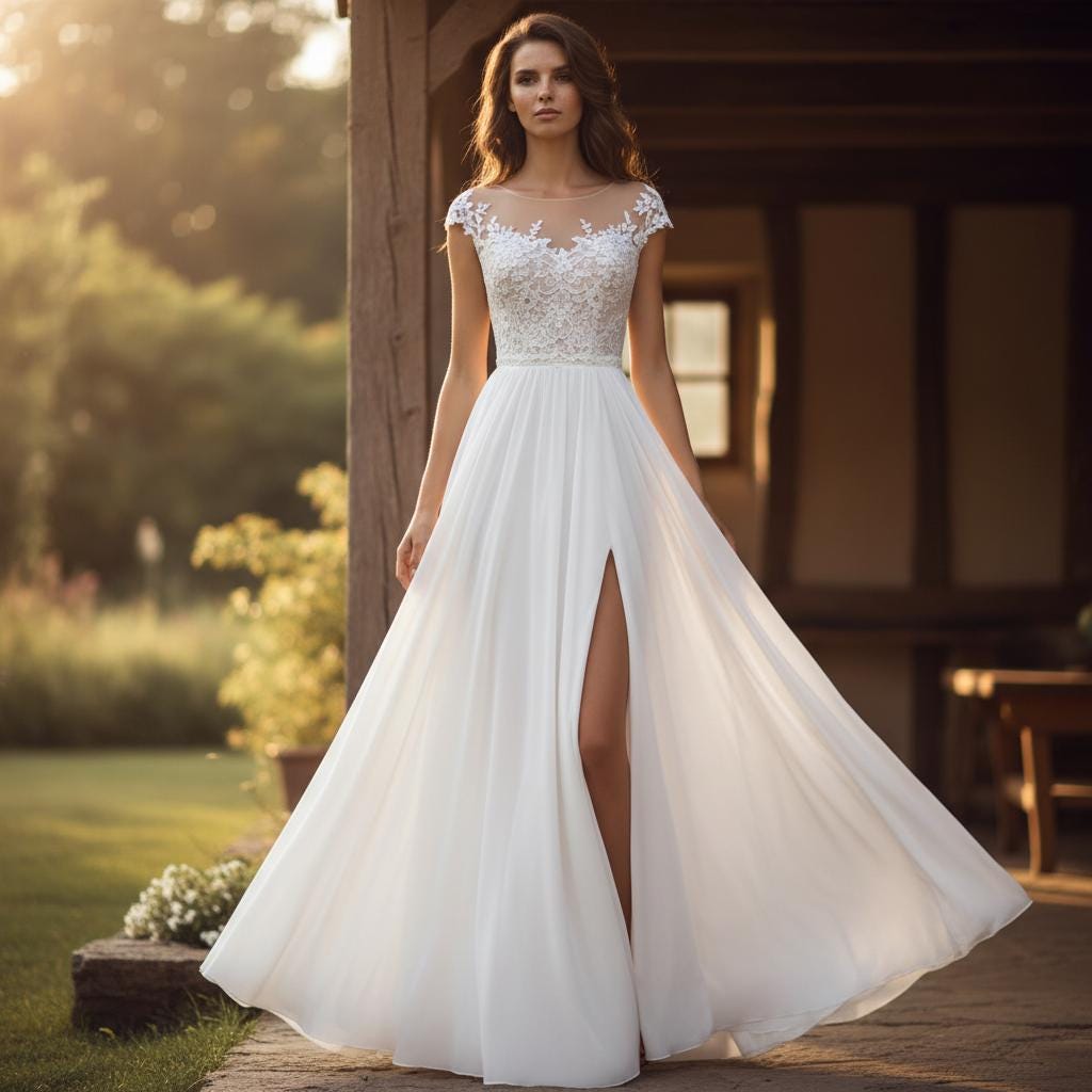 Boho Lace V Neck Wedding Dress Chiffon Slit Elopement Bridal Gown