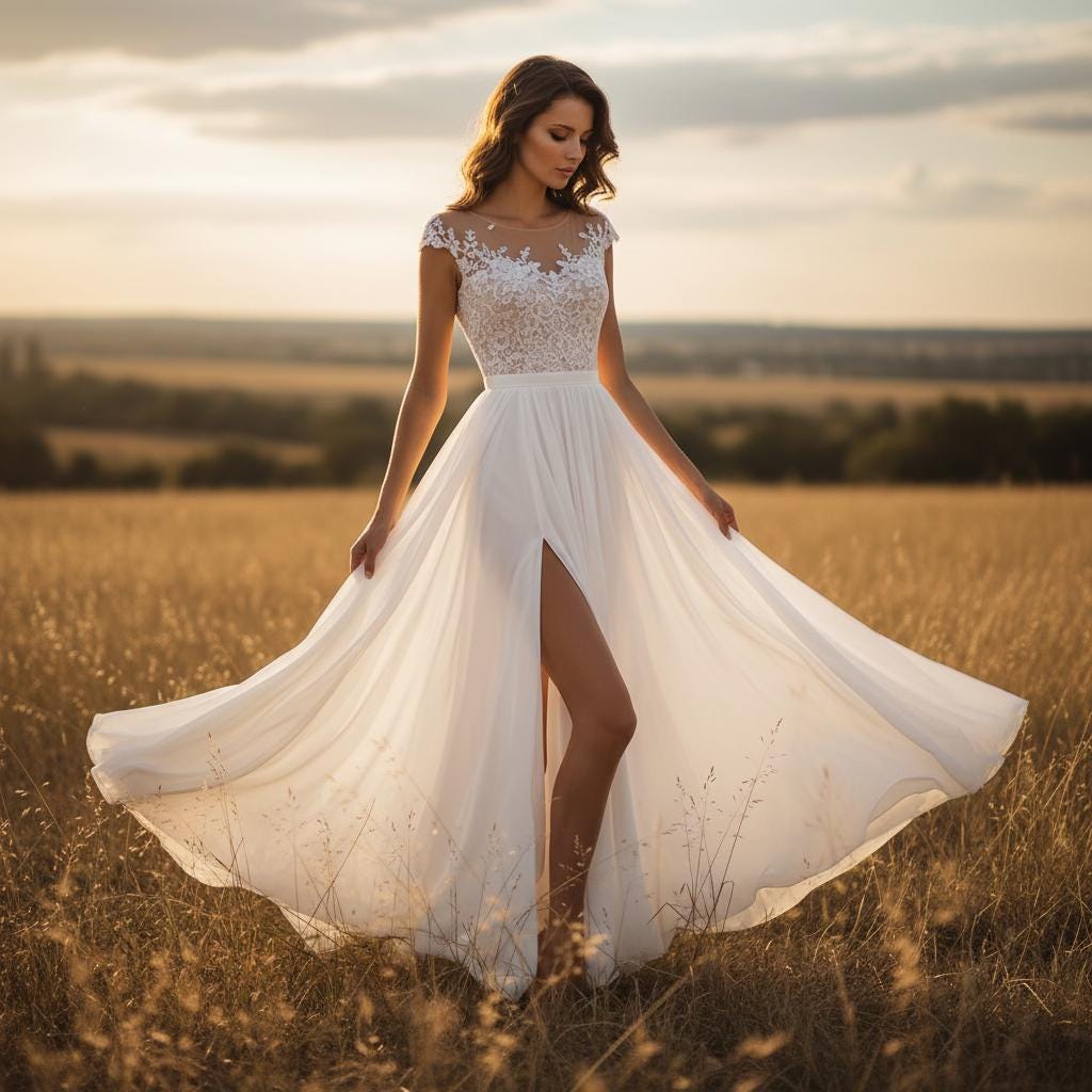 Boho Lace V Neck Wedding Dress Chiffon Slit Elopement Bridal Gown
