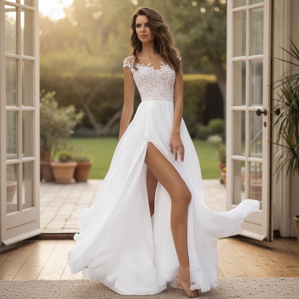 Boho Lace V Neck Wedding Dress Chiffon Slit Elopement Bridal Gown