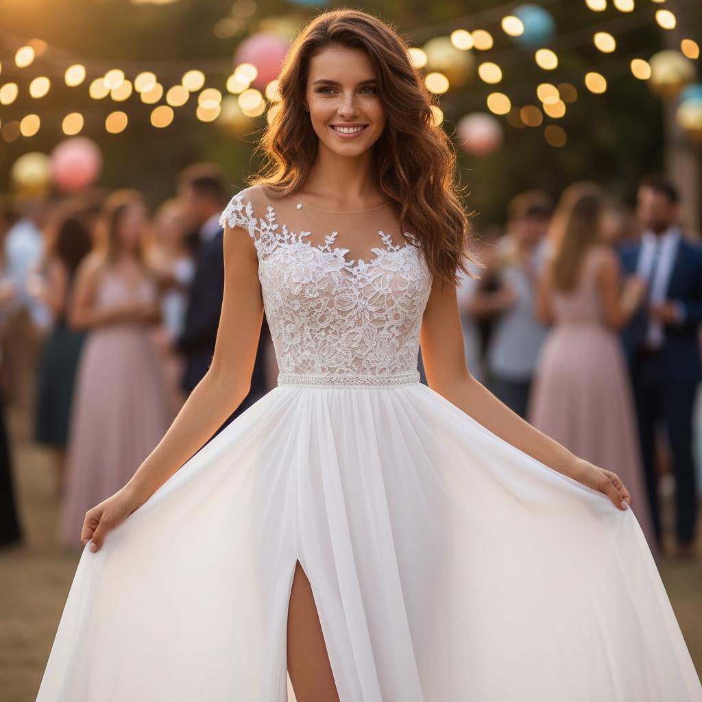 Boho Lace V Neck Wedding Dress Chiffon Slit Elopement Bridal Gown