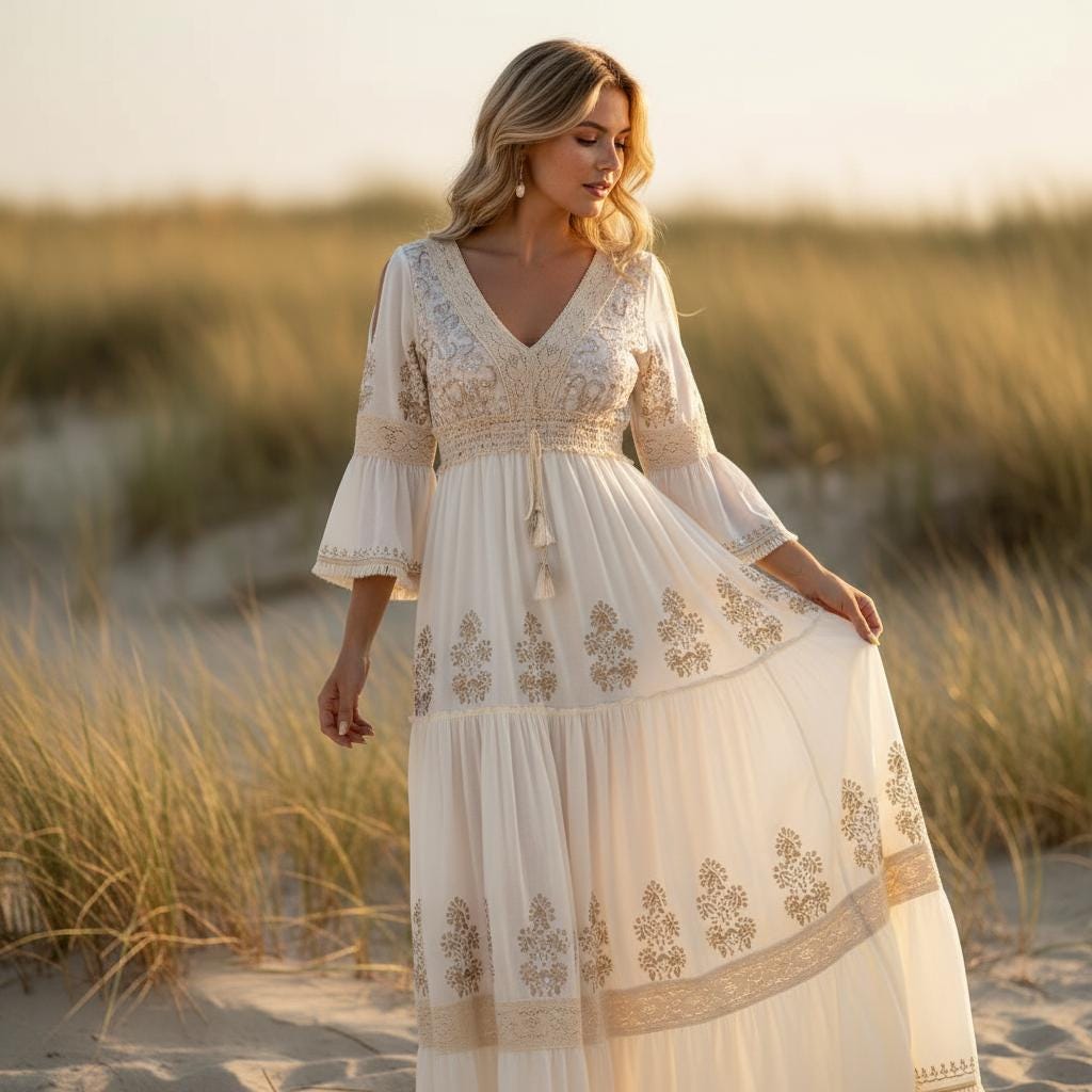 Boho Floral Maxi Dress V Neck Flowy Summer Beach Vacation Dress