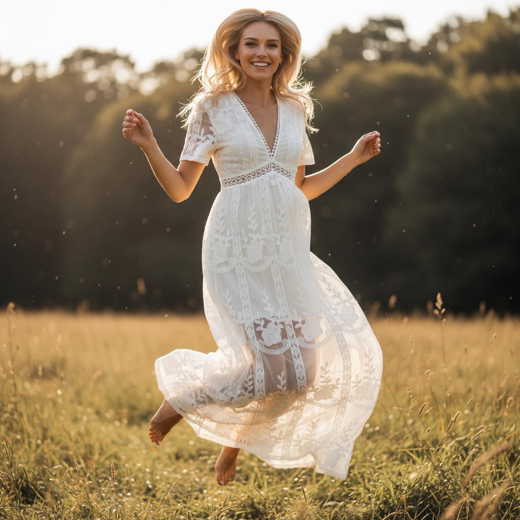 Simple Boho White Lace Maxi Dress Embroidery Loose Vacation Wedding Dress