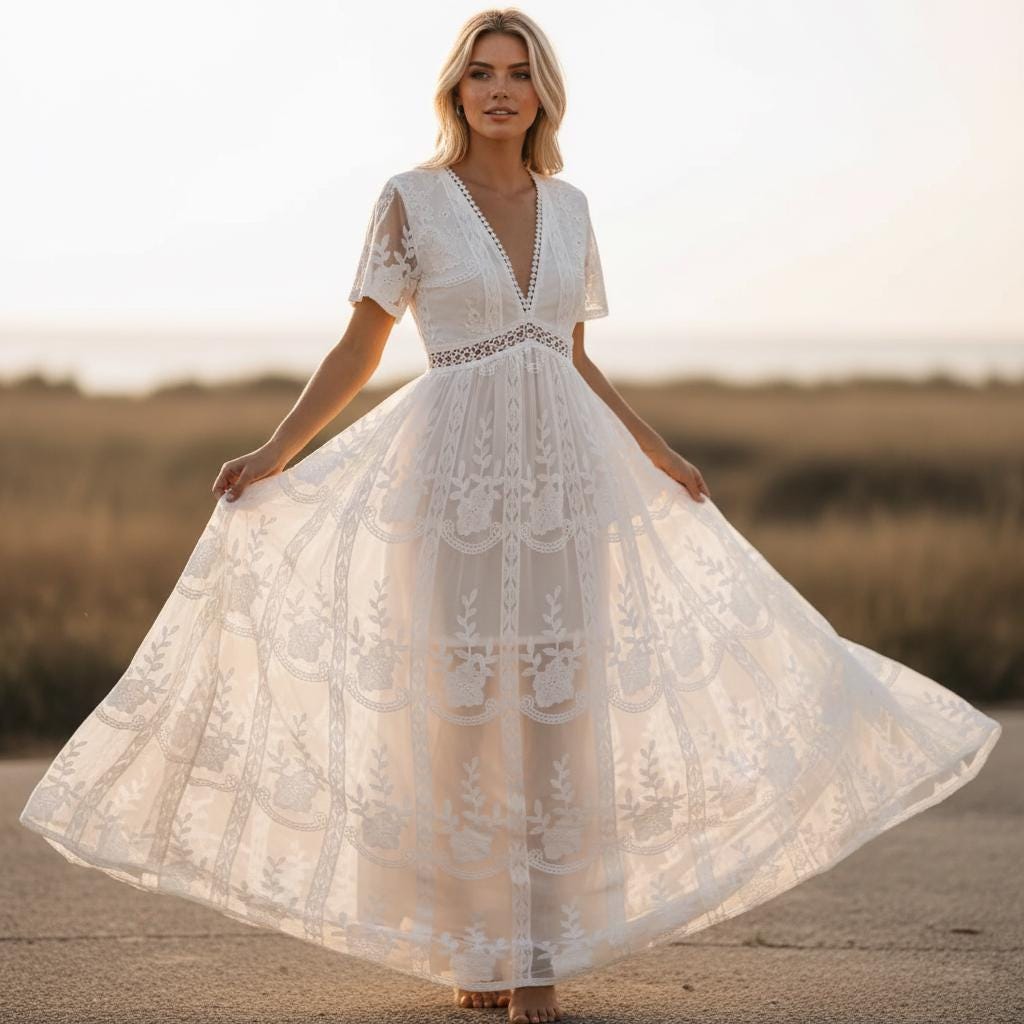 Simple Boho White Lace Maxi Dress Embroidery Loose Vacation Wedding Dress