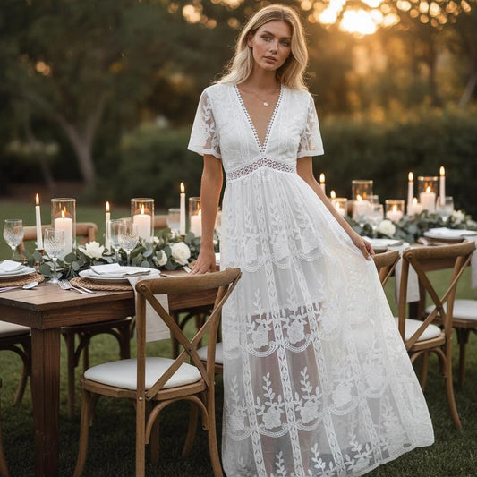 Simple Boho White Lace Maxi Dress Embroidery Loose Vacation Wedding Dress