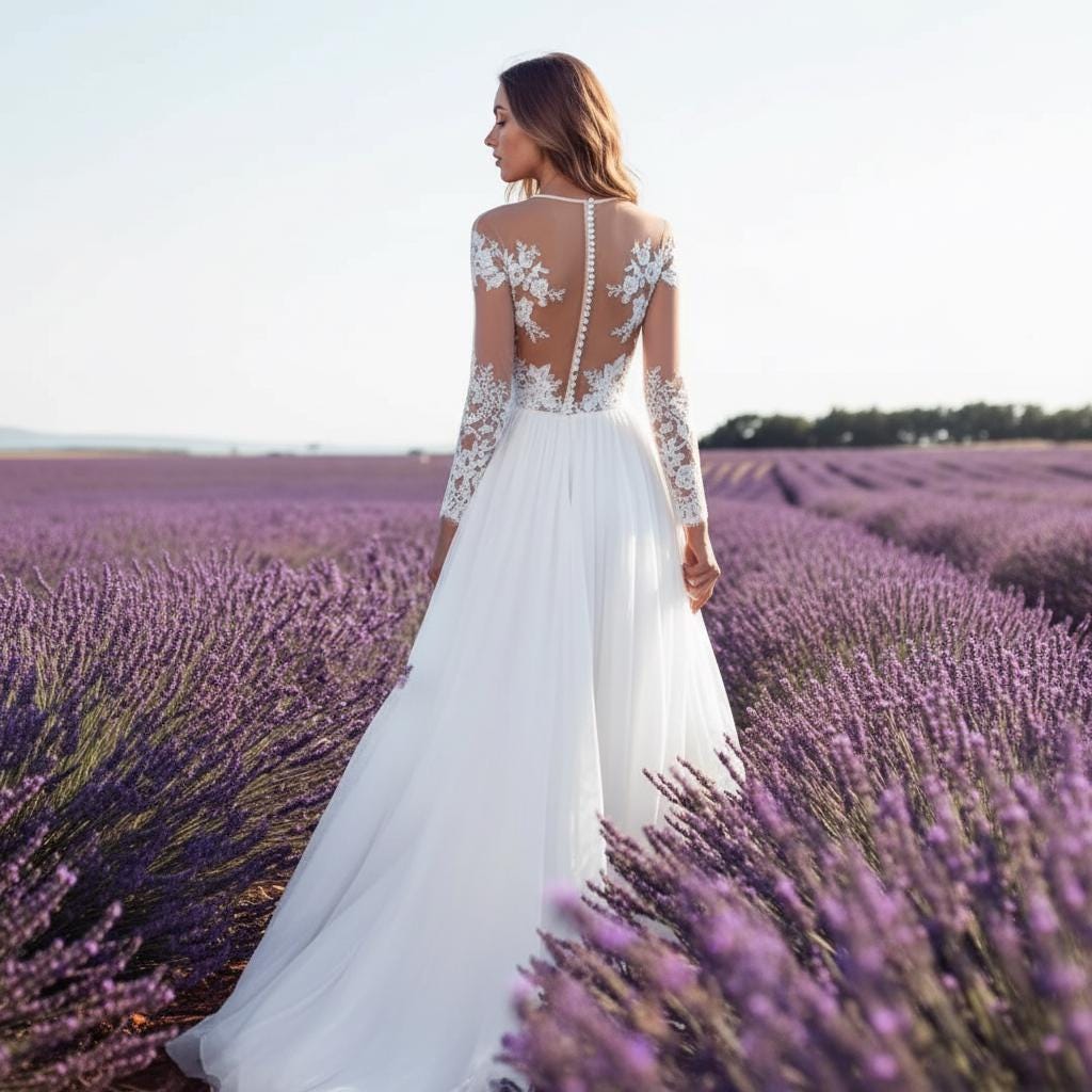 Simple Boho Lace Wedding Dress Long Sleeve Open Back Bridal Gown