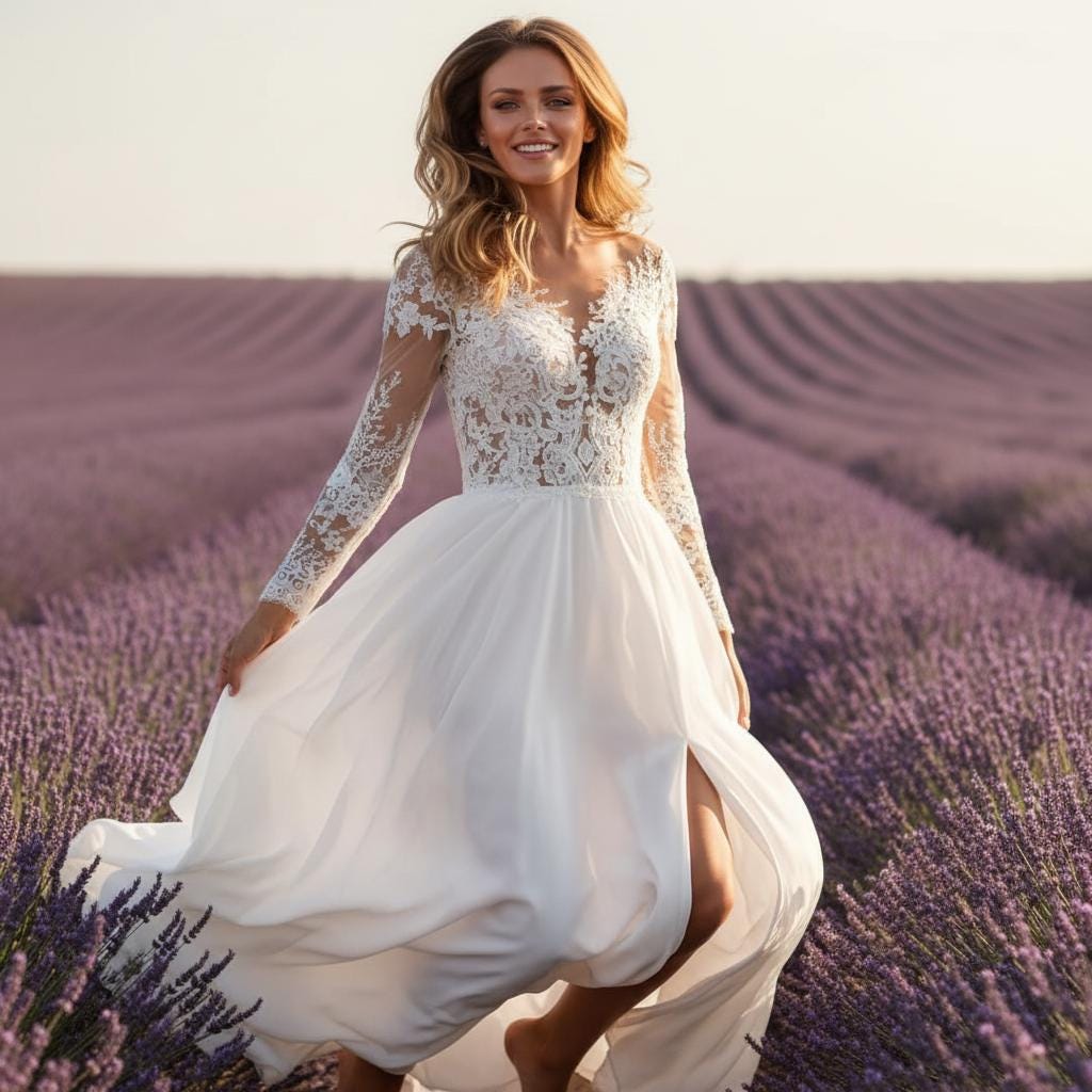 Simple Boho Lace Wedding Dress Long Sleeve Open Back Bridal Gown