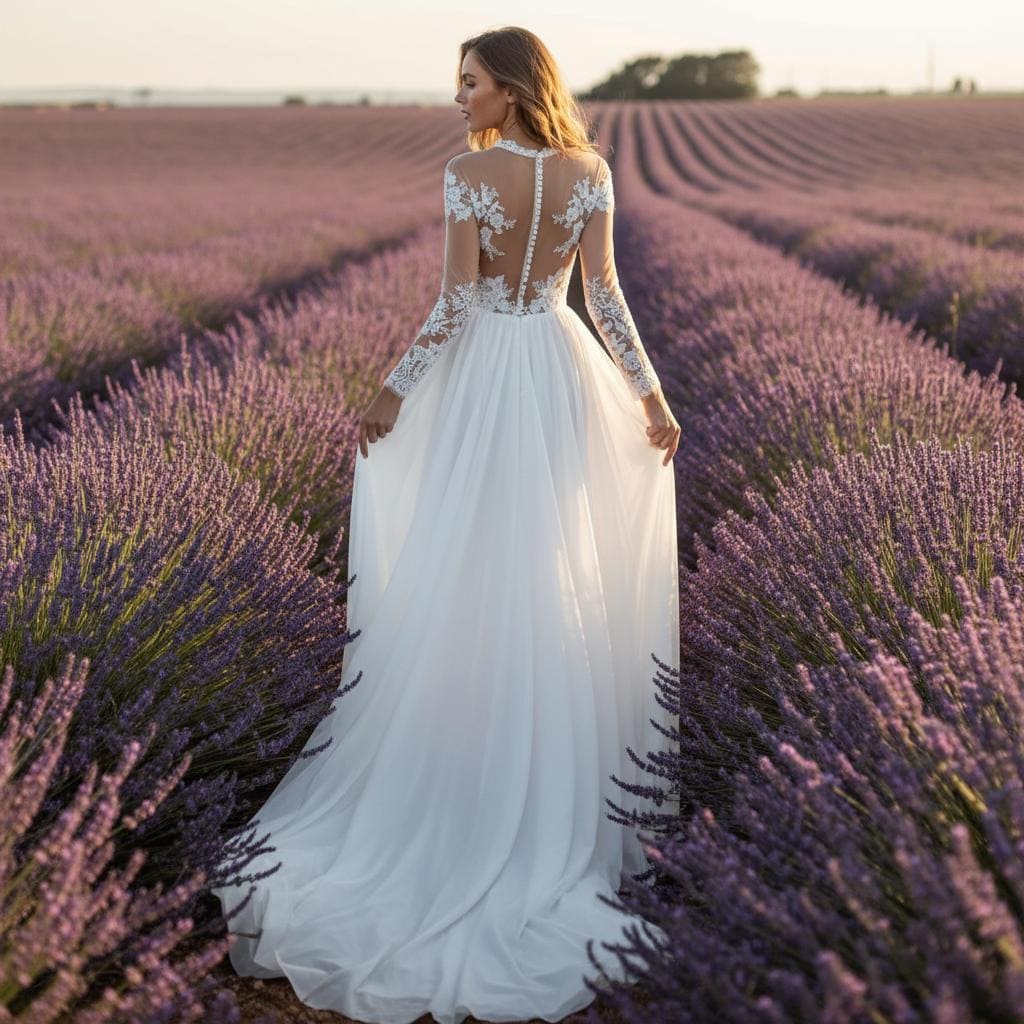 Simple Boho Lace Wedding Dress Long Sleeve Open Back Bridal Gown
