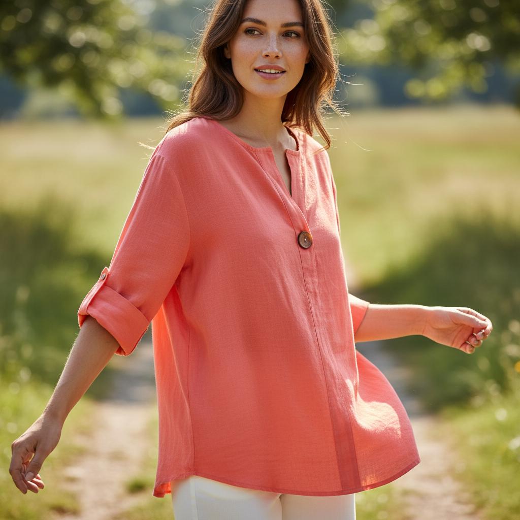 Boho Cotton Linen V Neck Blouse 3/4 Sleeve Loose Summer Top