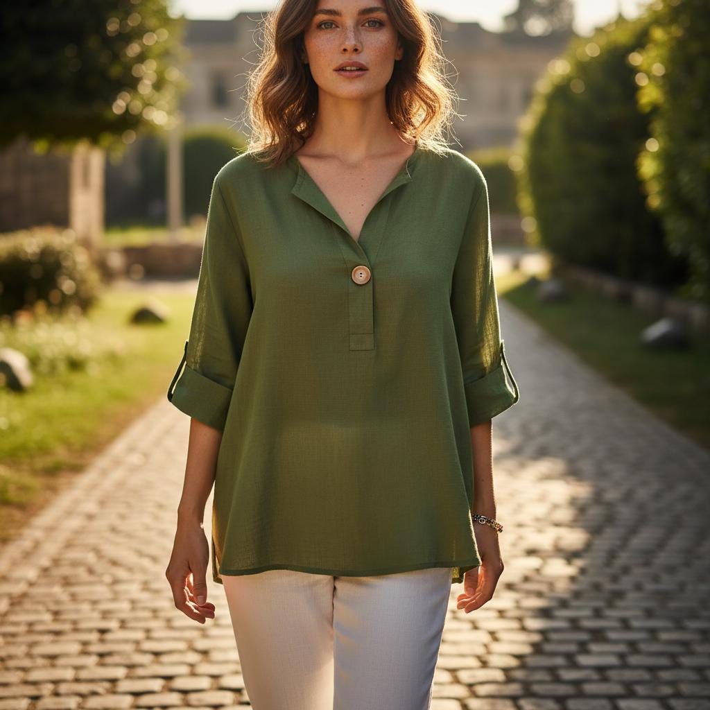 Casual Cotton Linen V Neck Blouse 3/4 Sleeve Boho Summer Shirt