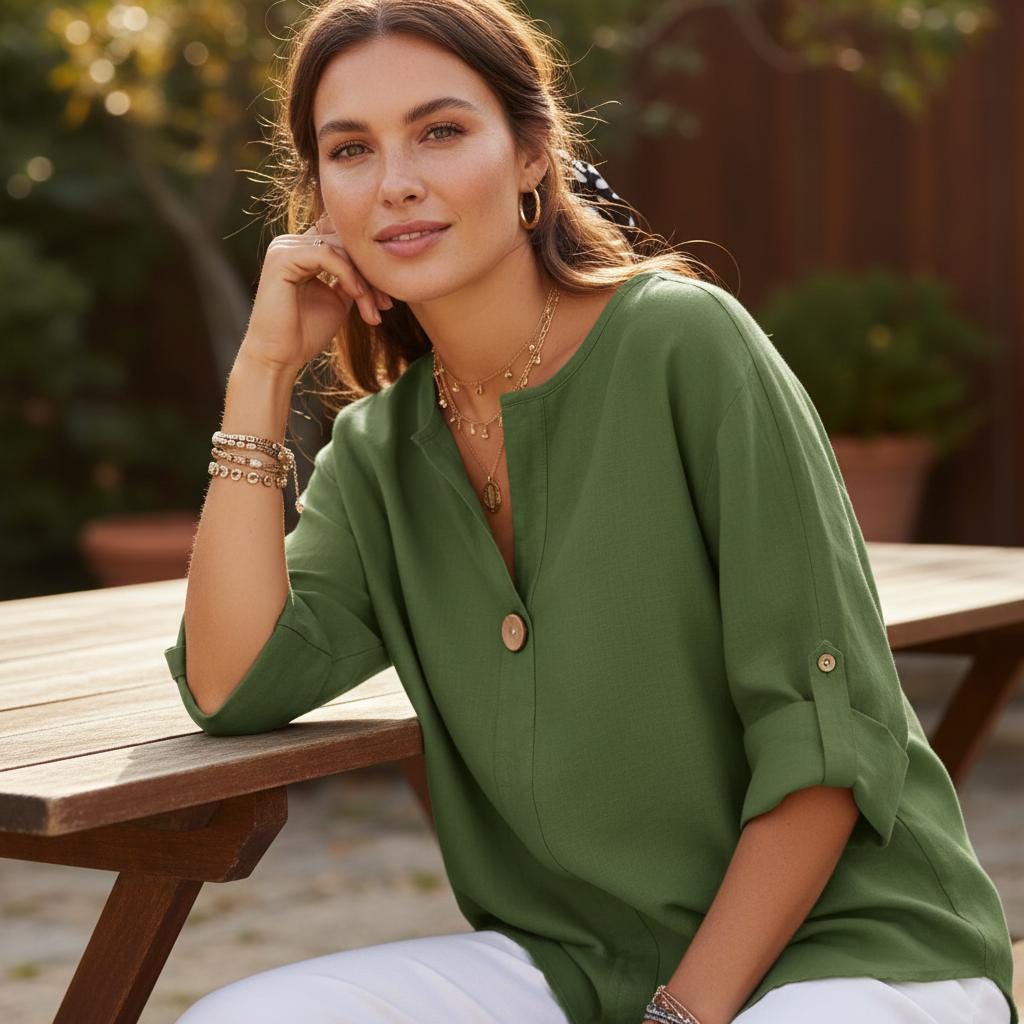 Casual Cotton Linen V Neck Blouse 3/4 Sleeve Boho Summer Shirt