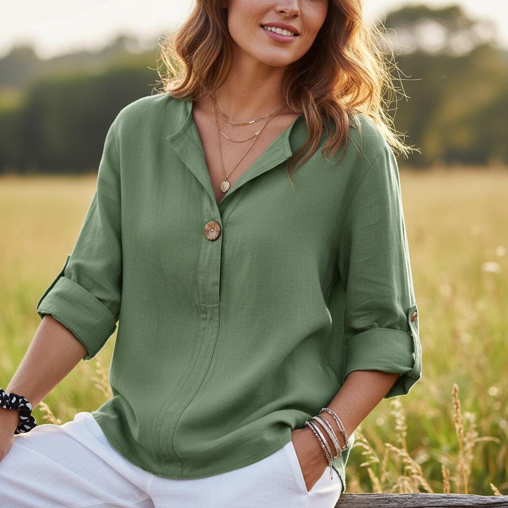 Casual Cotton Linen V Neck Blouse 3/4 Sleeve Boho Summer Shirt