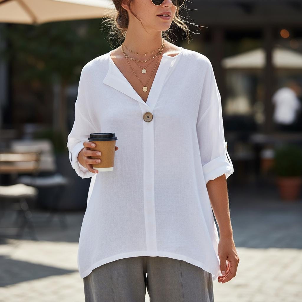 Boho Summer Blouse Cotton Linen V Neck Casual Loose Shirt