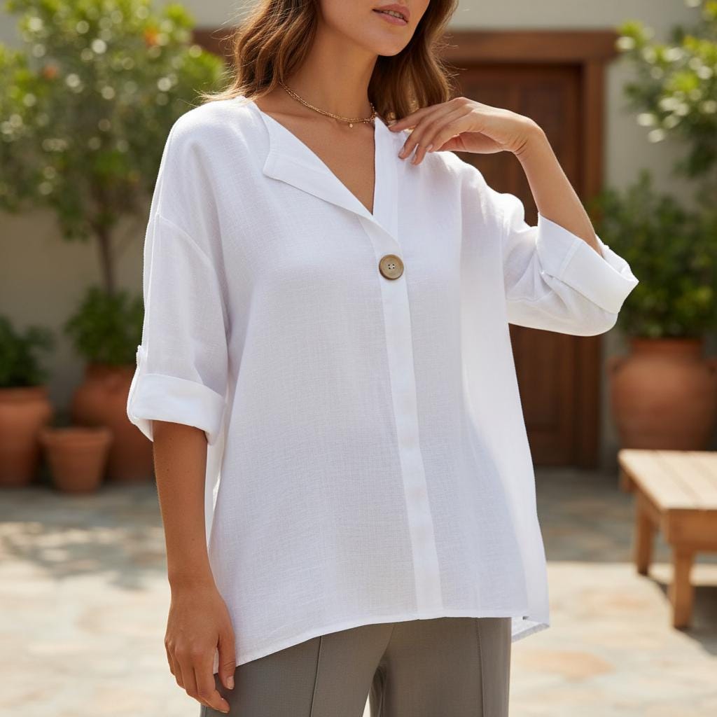 Boho Summer Blouse Cotton Linen V Neck Casual Loose Shirt
