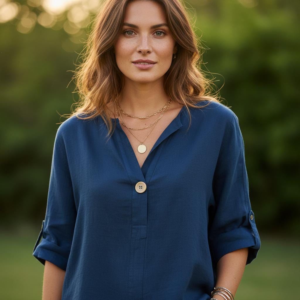 Women's Cotton Linen Boho Top V Neck Loose Summer Blouse