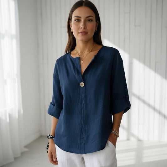Women's Cotton Linen Boho Top V Neck Loose Summer Blouse