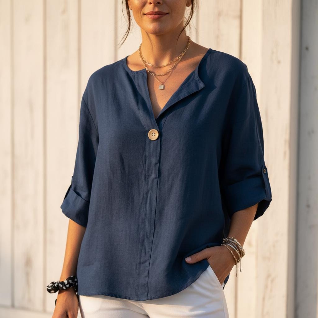 Women's Cotton Linen Boho Top V Neck Loose Summer Blouse