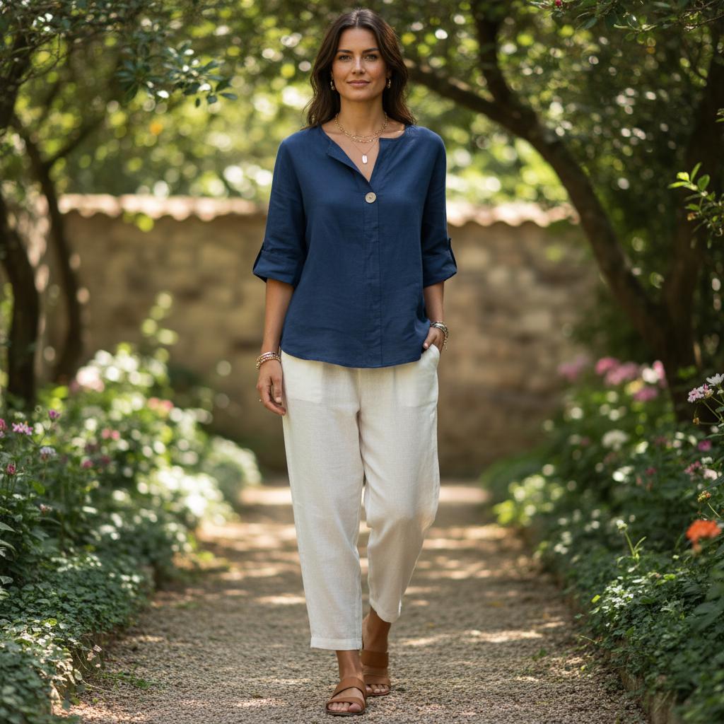 Women's Cotton Linen Boho Top V Neck Loose Summer Blouse