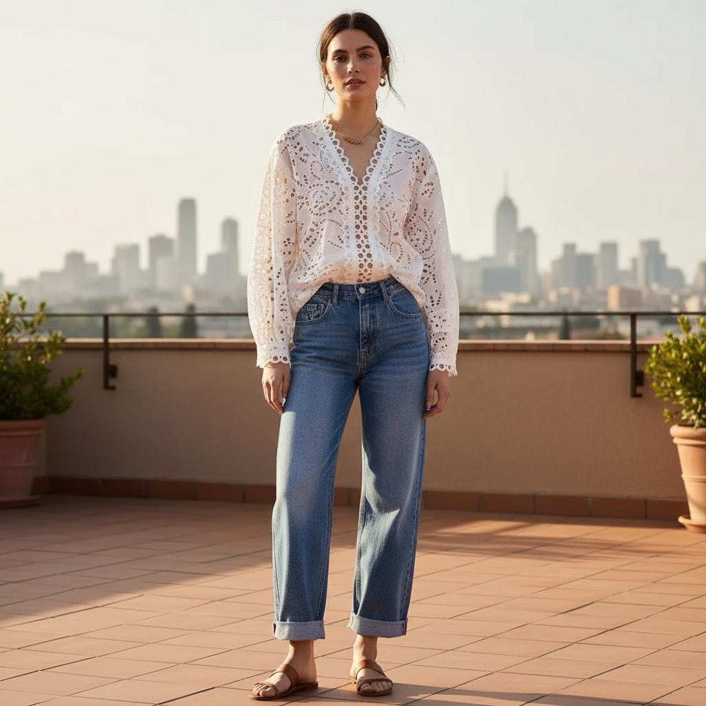 Boho White Cotton Blouse Embroidered V Neck Lace Long Sleeve Top