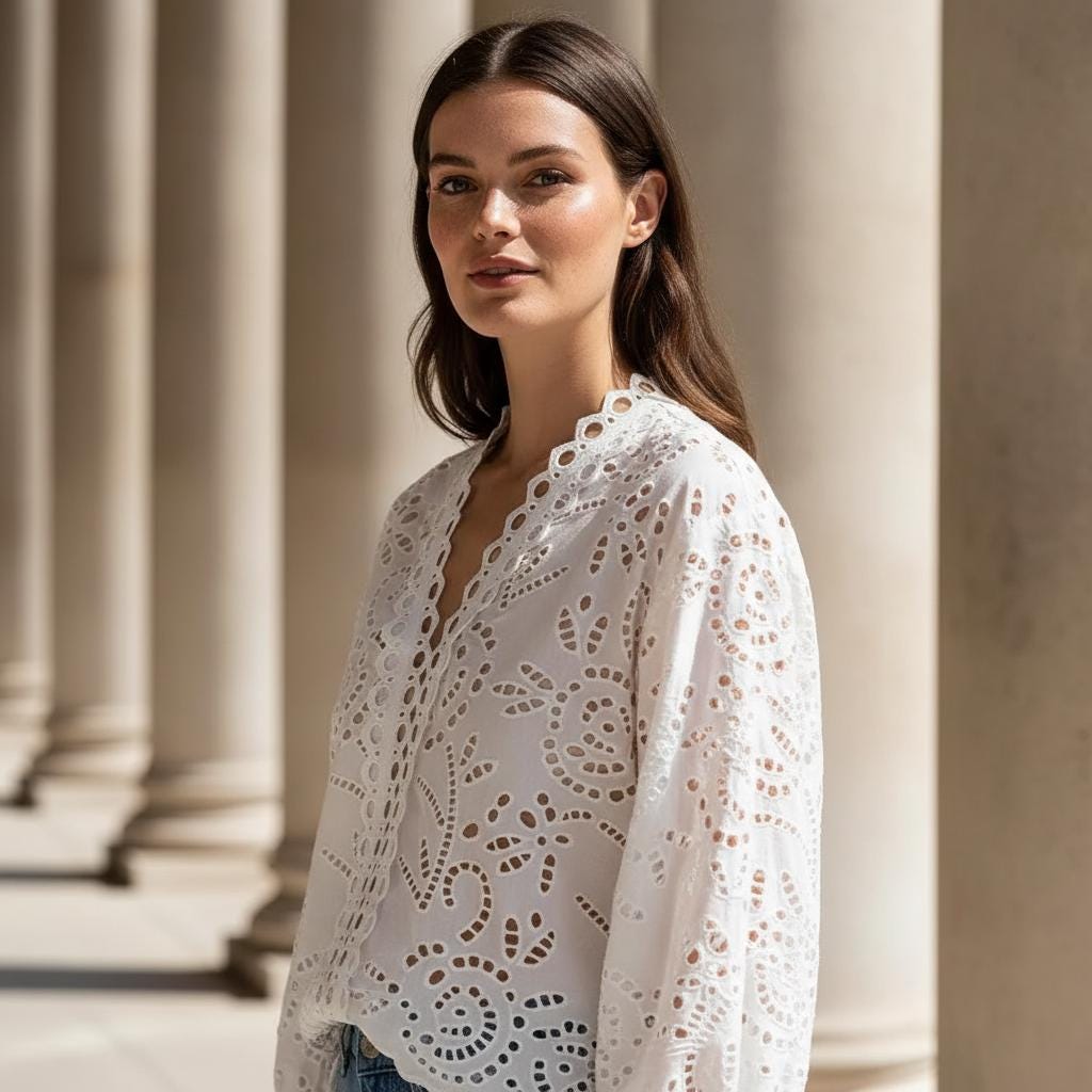Boho White Cotton Blouse Embroidered V Neck Lace Long Sleeve Top