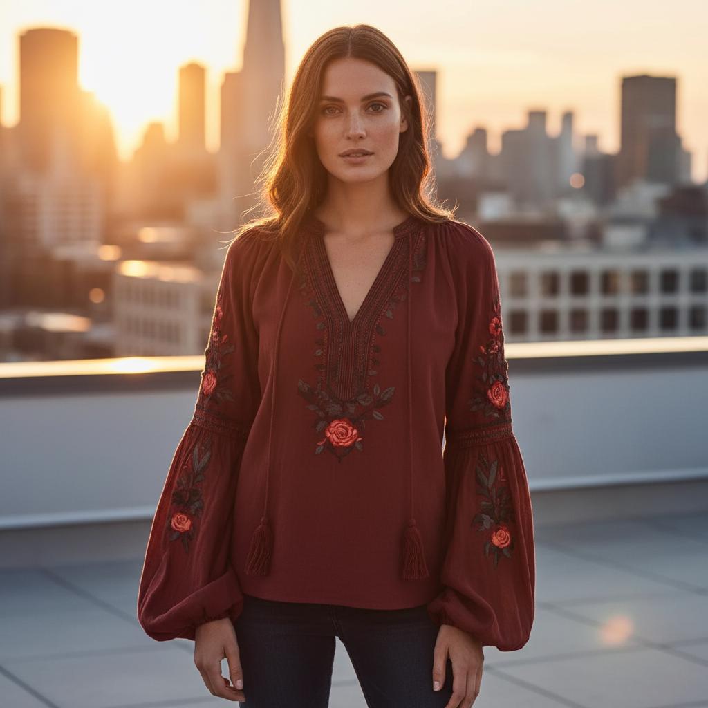 Vintage Boho Blouse Women V Neck Floral Embroidered Bell Sleeve Top