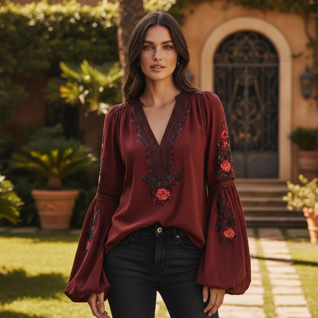 Vintage Boho Blouse Women V Neck Floral Embroidered Bell Sleeve Top