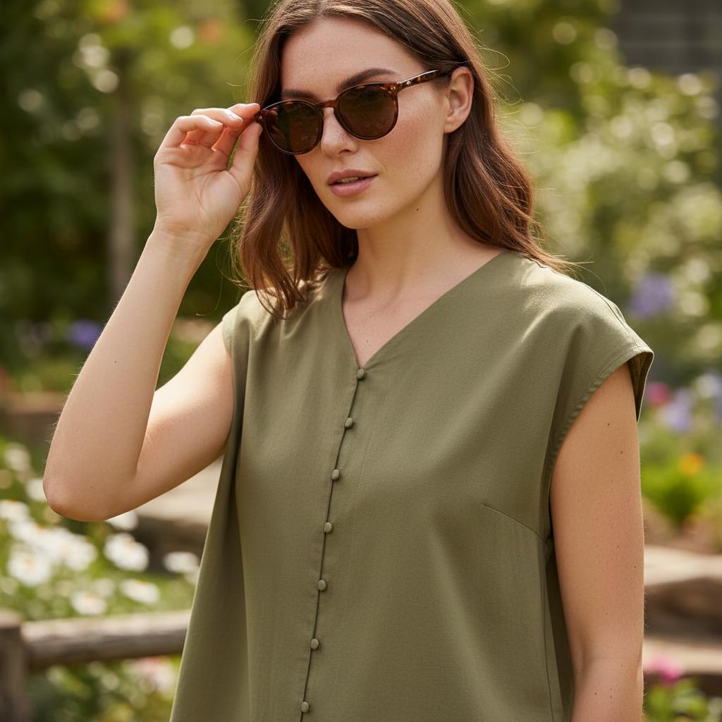 Women Boho Sleeveless Cotton Top V Neck Button Casual Blouse