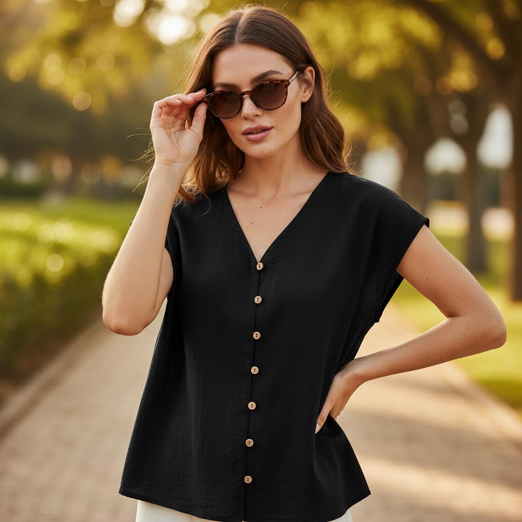 Casual Boho Cotton Tank Top V Neck Sleeveless Button Blouse
