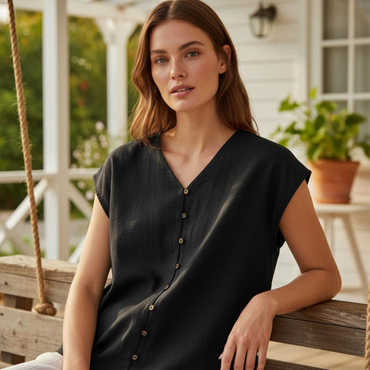 Casual Boho Cotton Tank Top V Neck Sleeveless Button Blouse