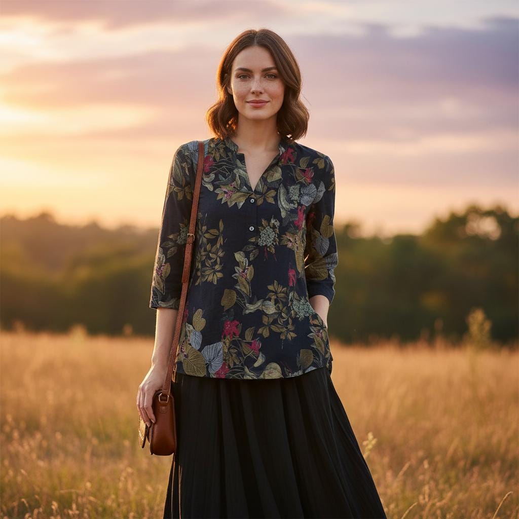 Boho Floral V Neck Blouse Women Cotton Loose Ethnic Spring Top