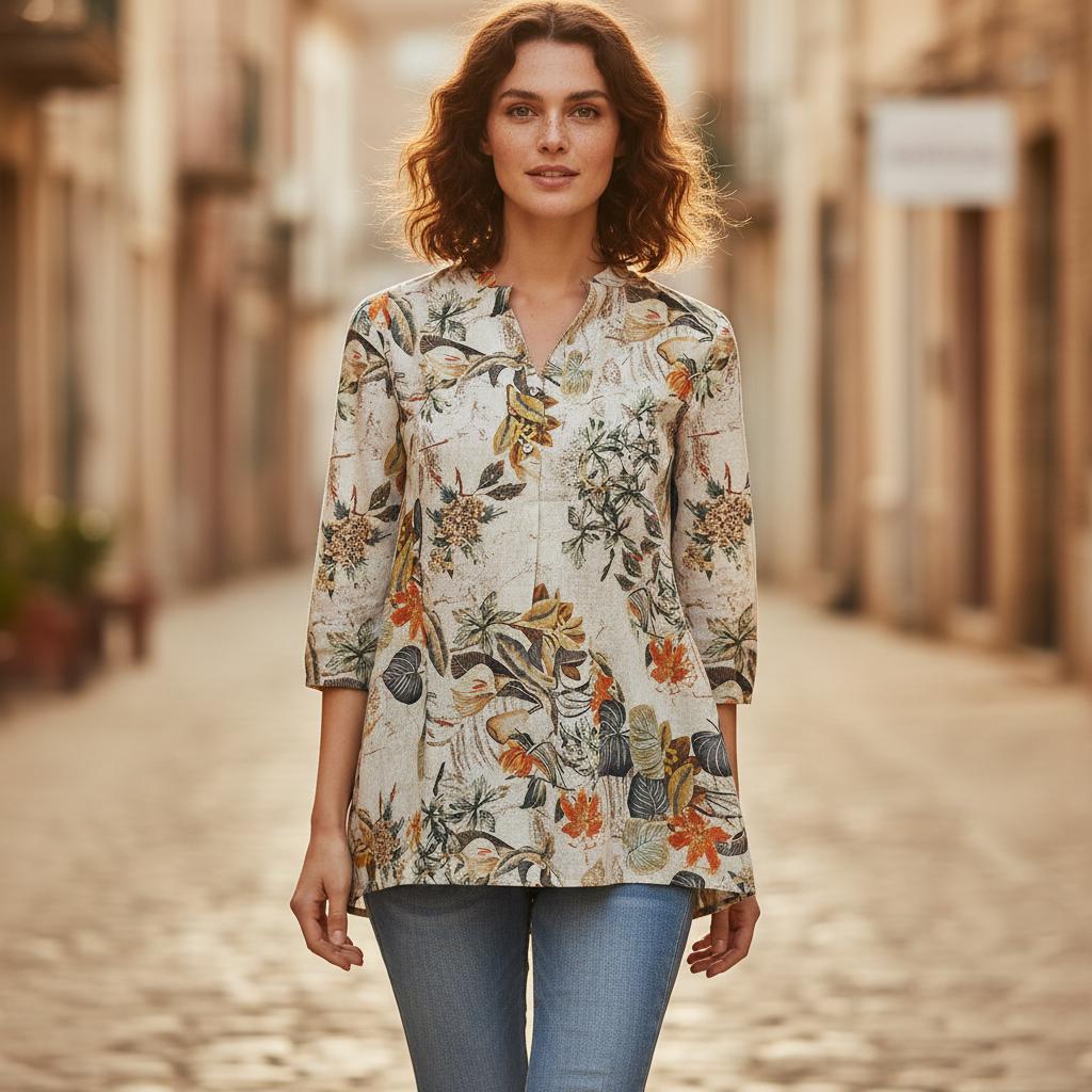 Women Boho Cotton Blouse Floral V Neck Loose Retro Spring Top