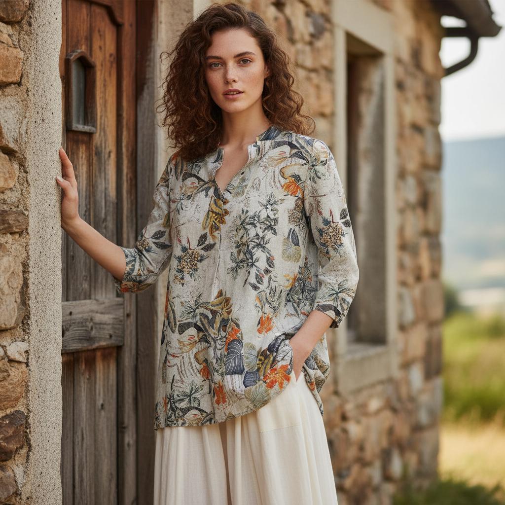 Women Boho Cotton Blouse Floral V Neck Loose Retro Spring Top