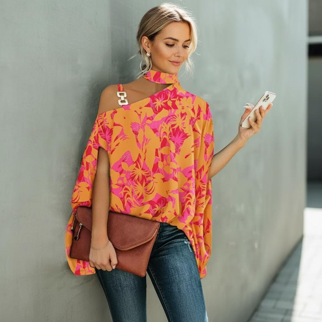 Plus Size Boho Cold Shoulder Blouse Loose Summer V Neck Top