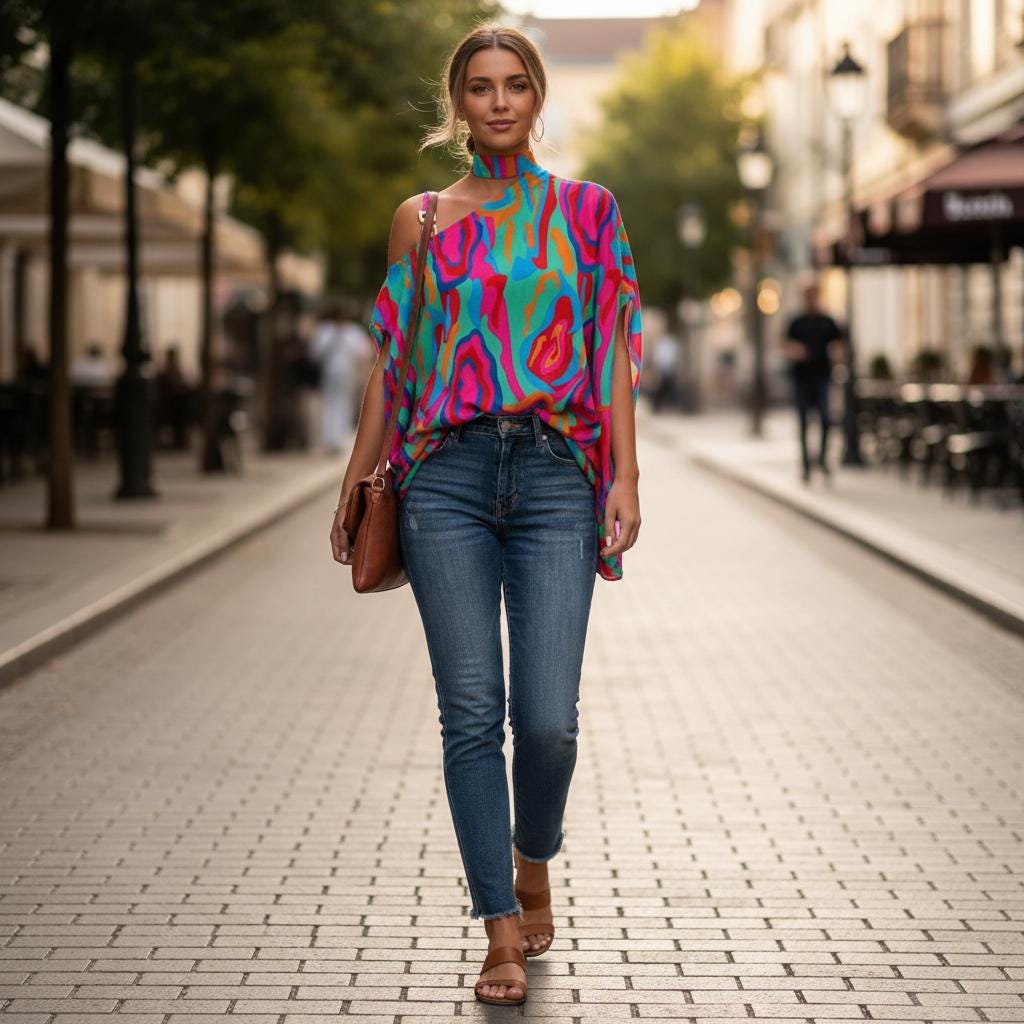 Plus Size Cold Shoulder Boho Blouse Loose Summer Printed Top