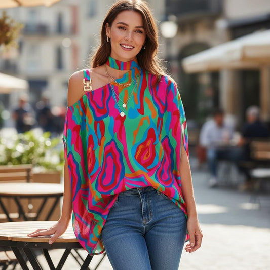 Plus Size Cold Shoulder Boho Blouse Loose Summer Printed Top