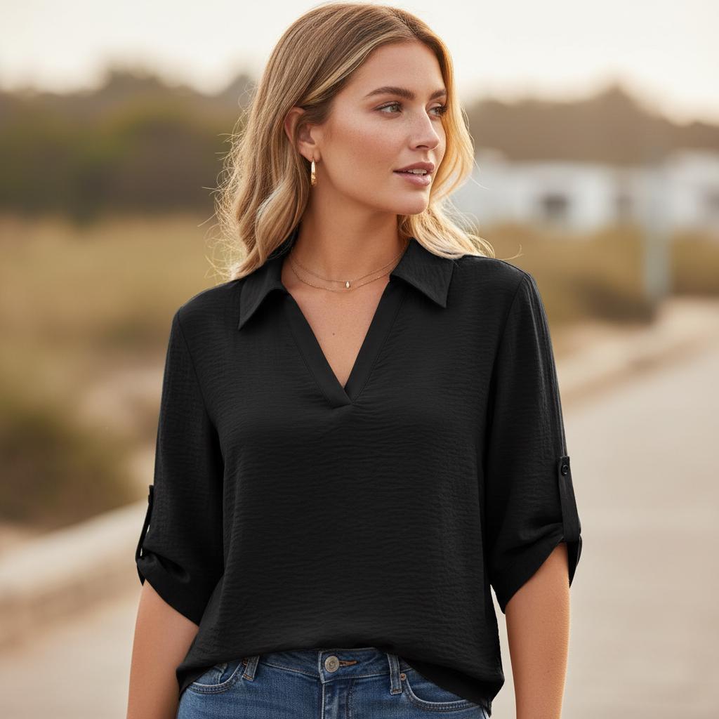 Casual Boho V Neck Blouse Women Cotton Summer Mid Sleeve Shirt