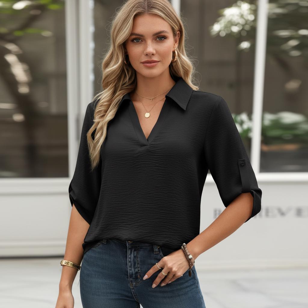 Casual Boho V Neck Blouse Women Cotton Summer Mid Sleeve Shirt