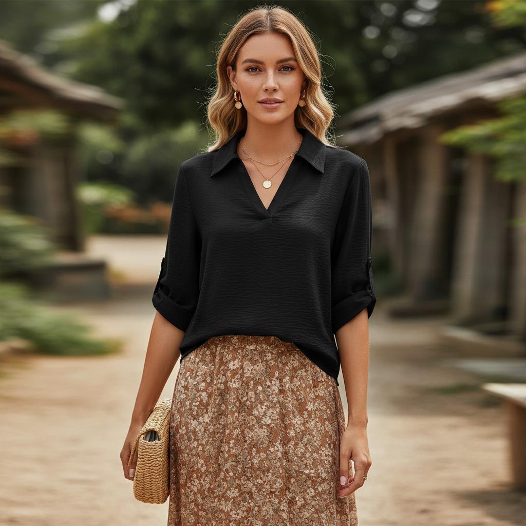 Casual Boho V Neck Blouse Women Cotton Summer Mid Sleeve Shirt