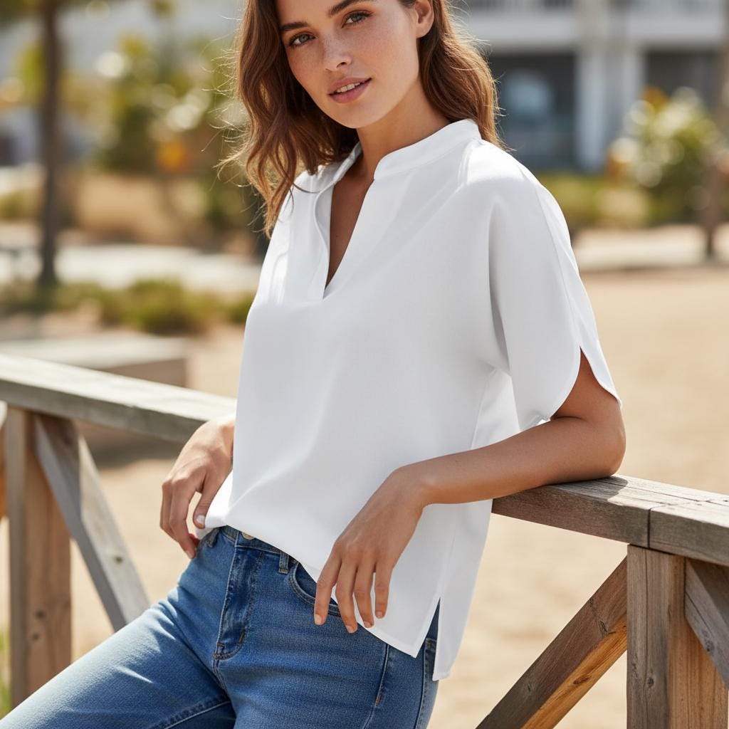 Plus Size White Boho Cotton V Neck Blouse Loose Summer Top