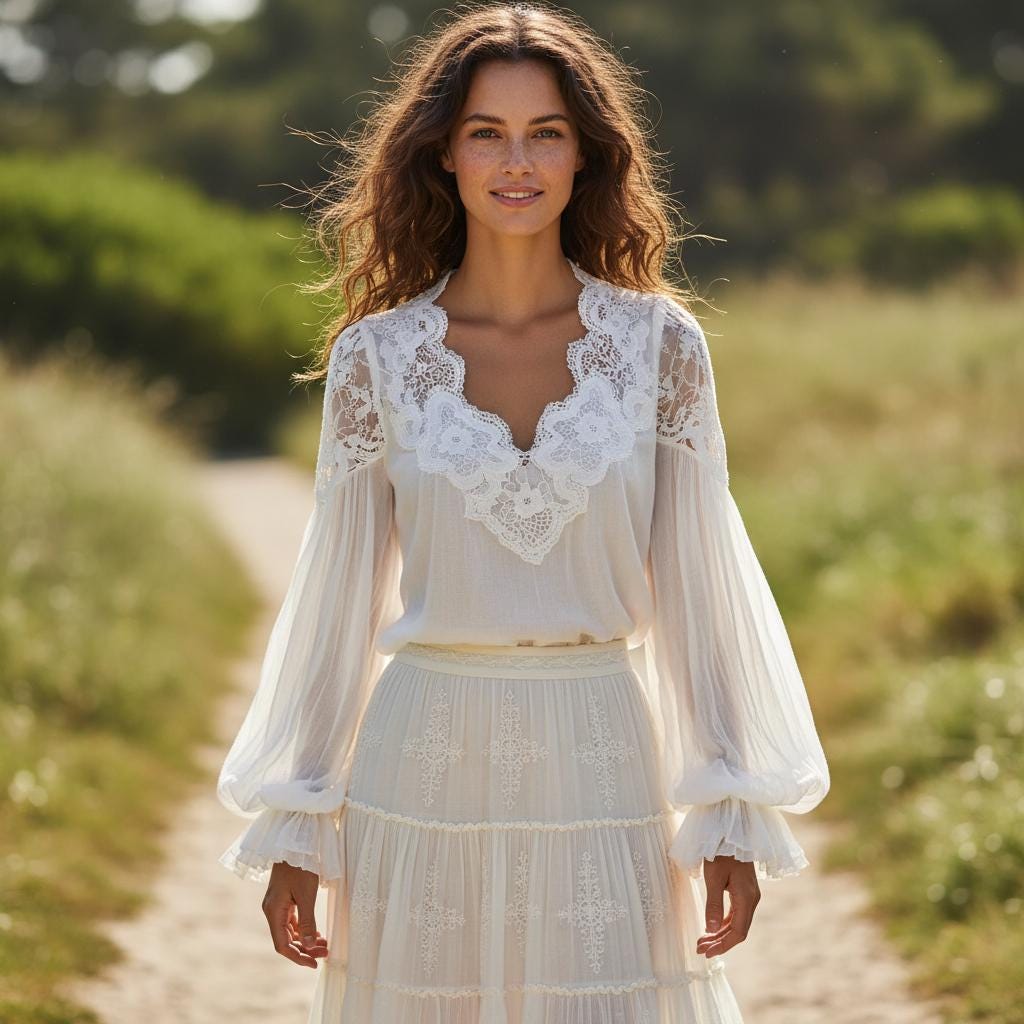 White Lace V Neck Blouse Puff Sleeve Elegant Work Shirt Women